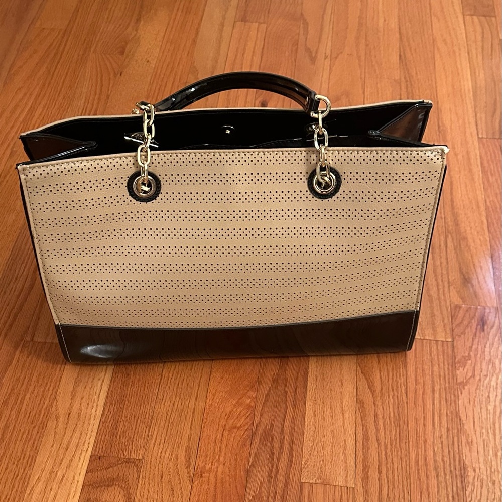 Anne Klein Beige & Black Perforated Tote Bag with Tassel Accents - Picture 7 of 7